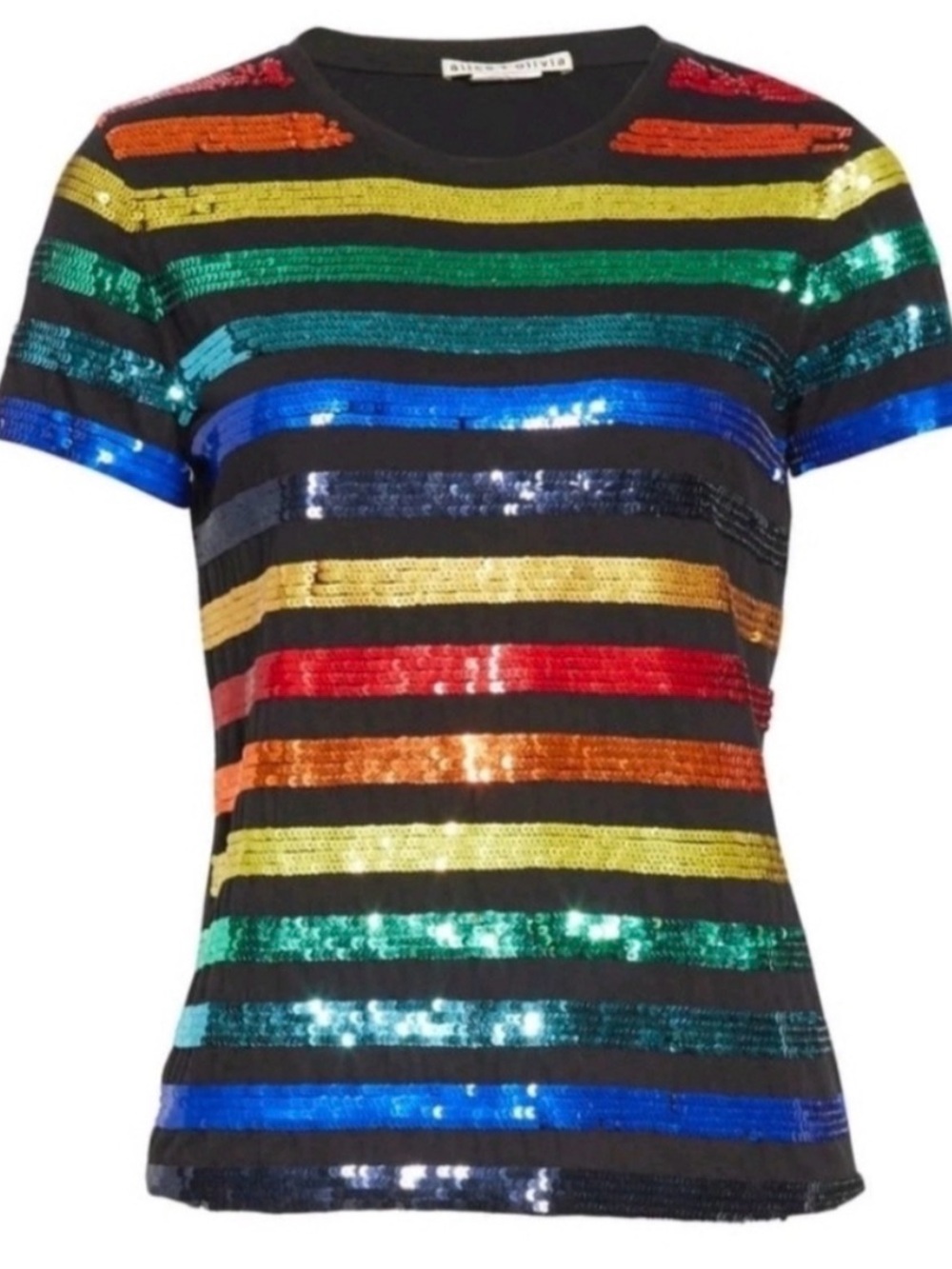 Alice + Olivia Rylyn Sequin Rainbow Stripe Tee  size Medium